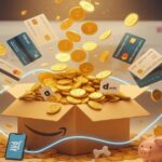 Amazonでのお得なポイ活をイメージしたイラスト。ダンボール箱からコインやポイントカードがあふれ出し、スマホ決済やクレジットカード、dポイント、貯金箱などが描かれている。