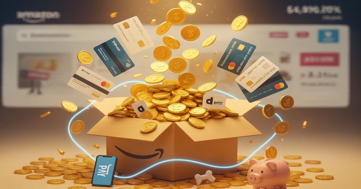 Amazonでのお得なポイ活をイメージしたイラスト。ダンボール箱からコインやポイントカードがあふれ出し、スマホ決済やクレジットカード、dポイント、貯金箱などが描かれている。
