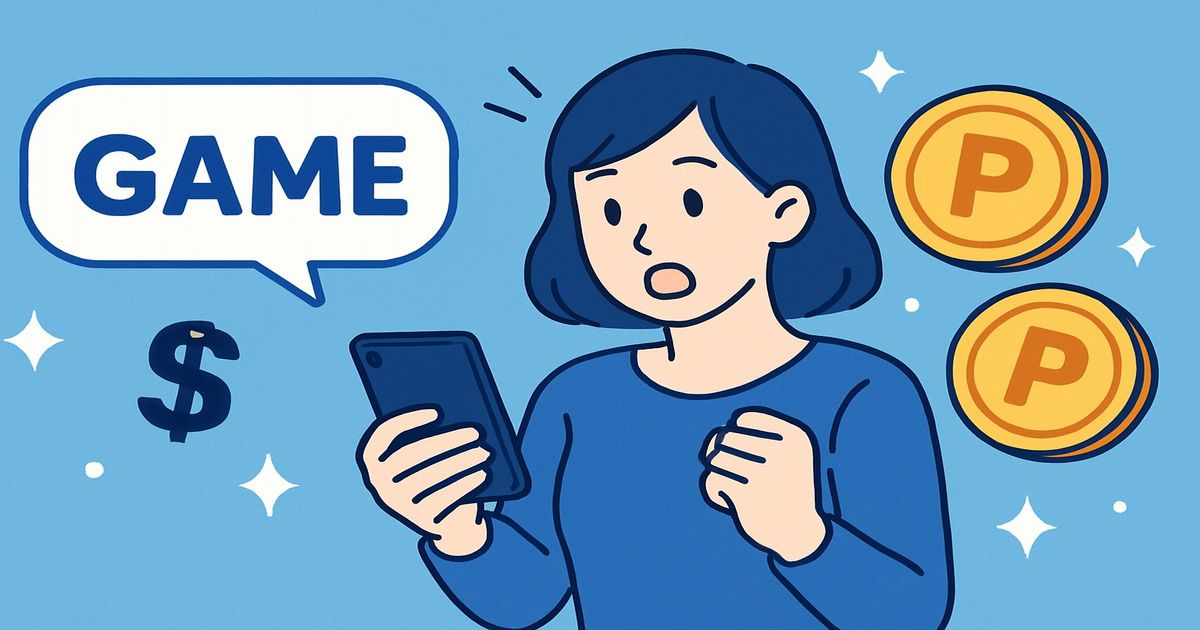 スマホでゲームをプレイして報酬を得る女性のイラスト（青系配色）