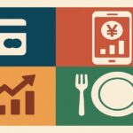 クレジットカードや家計簿アプリ、電卓、食費節約を象徴するイラスト