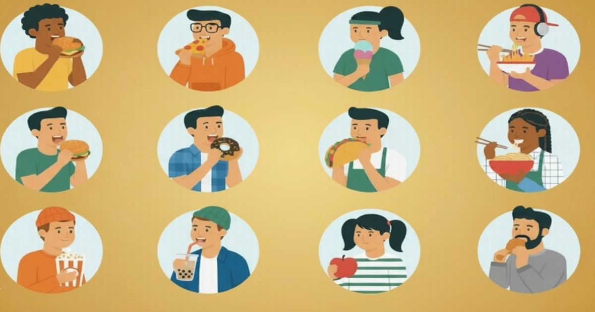 さまざまな食べ物を食べている男女のイラスト。ハンバーガー、ピザ、アイス、ラーメン、タコス、ドーナツ、ポップコーン、タピオカドリンク、りんごなどを楽しむ12人が描かれている。