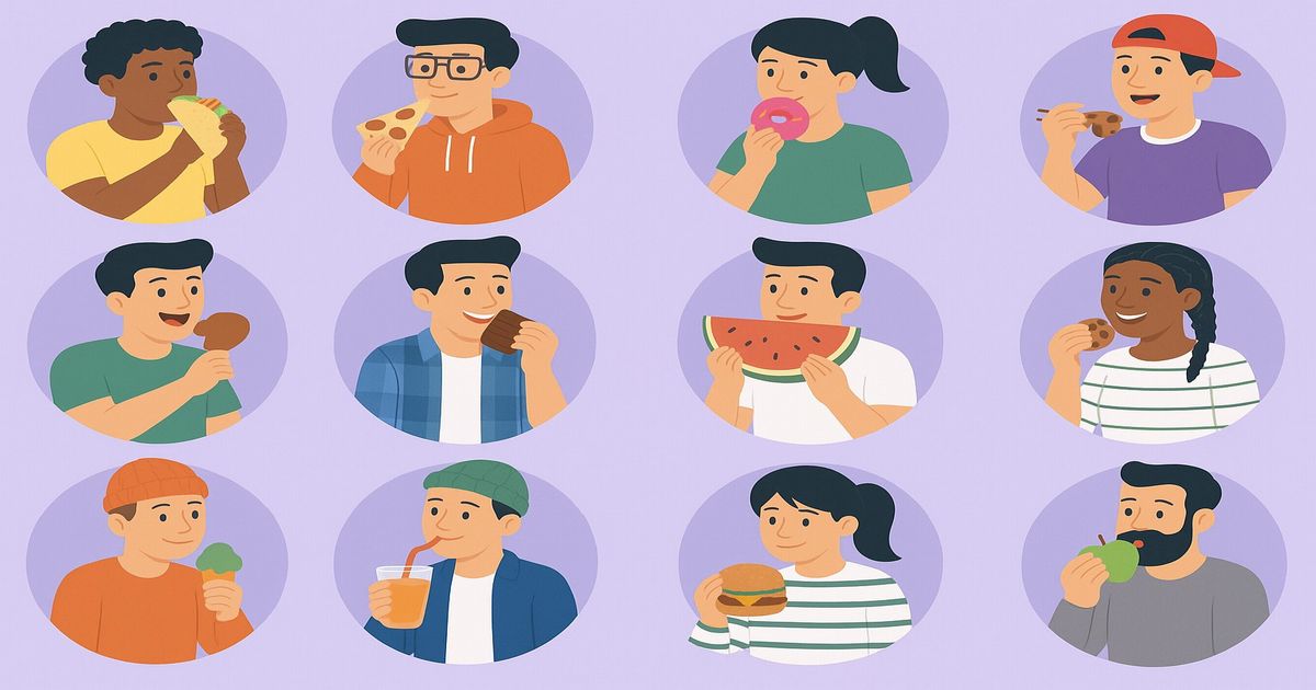 薄い紫の背景で、12人の男女がそれぞれ異なる食べ物を楽しんでいるイラスト。タコス、ピザ、ドーナツ、スイカ、クッキー、ハンバーガー、チキン、アイスなど多様なメニューを食べる姿が描かれている。