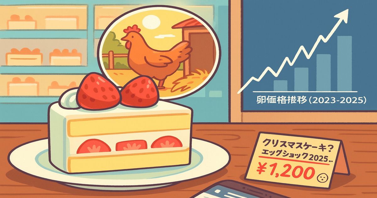 卵価格高騰を象徴するアニメ風イラスト。ショートケーキと鶏、上昇グラフが描かれ、エッグショック2025の影響を表現。