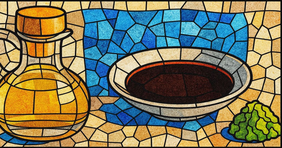 醤油と酢、わさびをステンドグラス調で描いたアート風イラスト