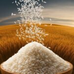 黄金の稲穂畑を背景に、生米が上から降り注ぎ山盛りになっている様子