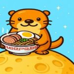 カワウソがのチーズパンの上でラーメンを持っているイラスト