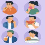 薄い紫の背景で、12人の男女がそれぞれ異なる食べ物を楽しんでいるイラスト。タコス、ピザ、ドーナツ、スイカ、クッキー、ハンバーガー、チキン、アイスなど多様なメニューを食べる姿が描かれている。