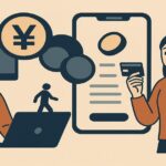 クラウドソーシングとポイ活を象徴するデジタルイラスト。パソコン作業とスマホ決済を組み合わせ、副業とポイント活動を表現している。