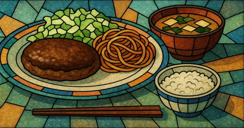 ハンバーグ、スパゲッティ、生キャベツ、味噌汁の定食イラスト
