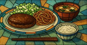 ハンバーグ、スパゲッティ、生キャベツ、味噌汁の定食イラスト