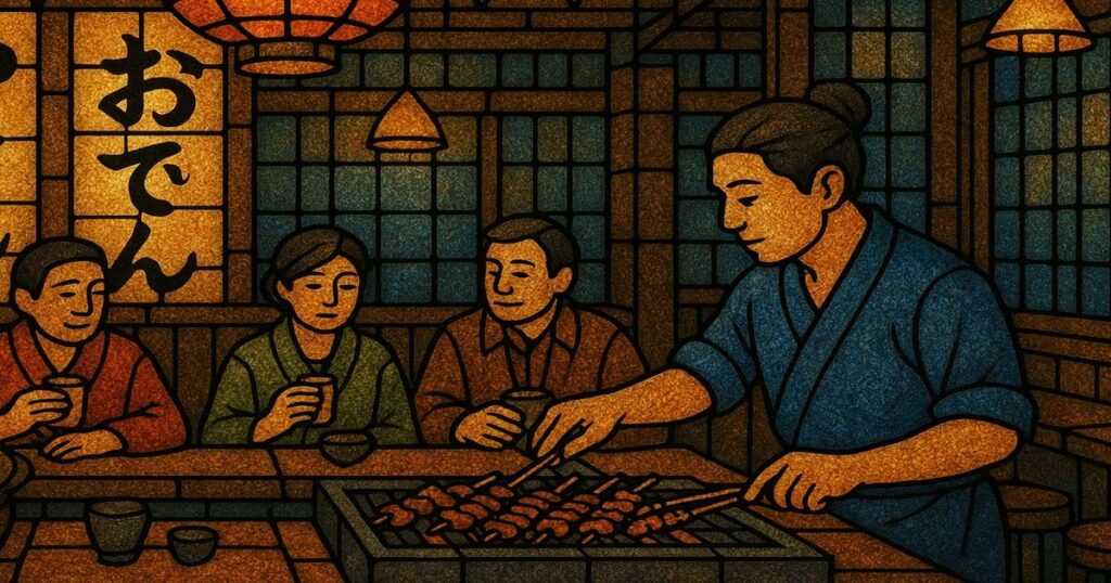 焼き鳥屋とおでん屋の店内。カウンター越しに湯気が立ち上り、提灯の光が温かく灯る。