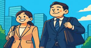 都会のオフィス街を歩くスーツ姿の男女のイラスト