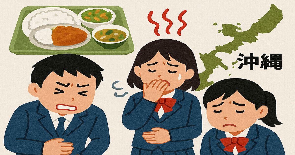 東京都の高校修学旅行で発生した食中毒、沖縄で170人が体調不良になったニュースのイラスト