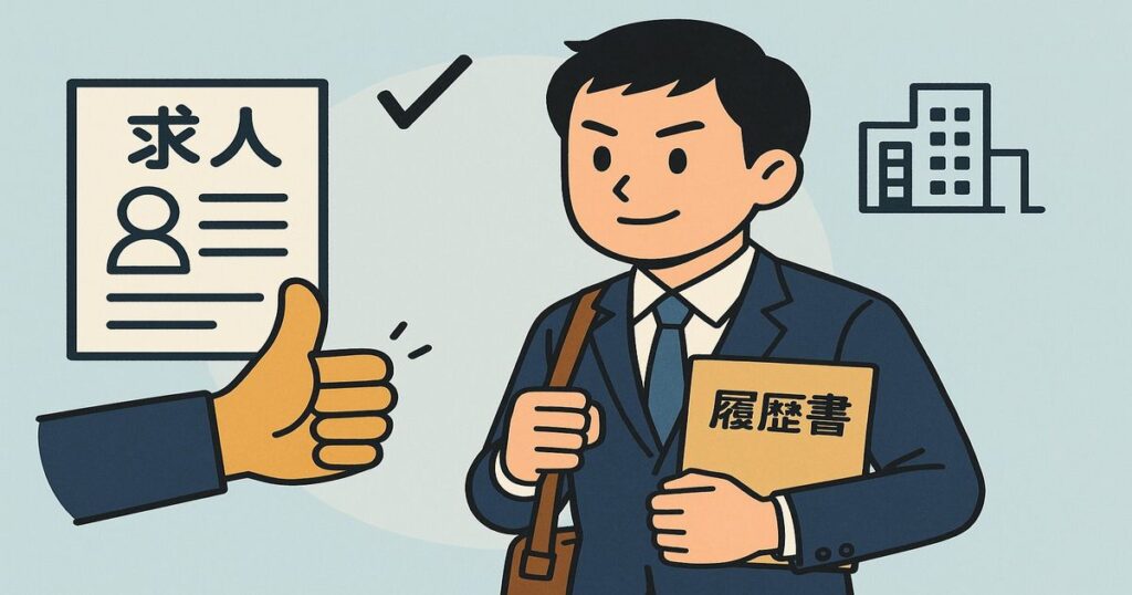 初めての転職活動でスーツを着た若手ビジネスパーソンが、求人票を見て企業を選んでいるデフォルメアニメ風イラスト