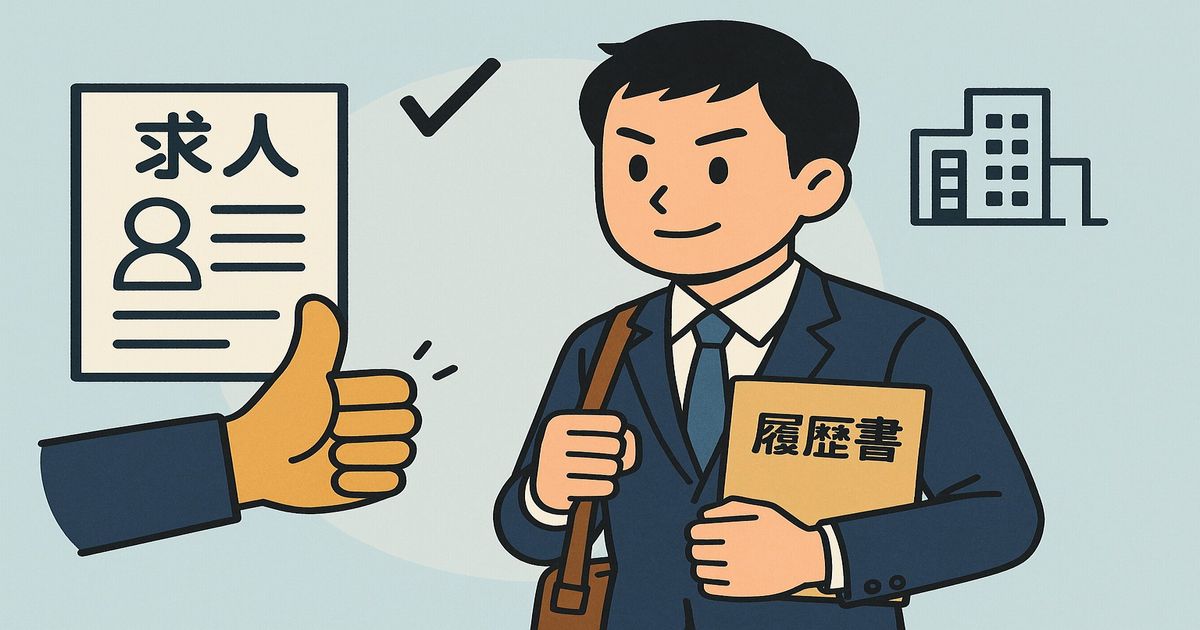 初めての転職活動でスーツを着た若手ビジネスパーソンが、求人票を見て企業を選んでいるデフォルメアニメ風イラスト