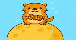 かわいいカワウソがチーズブレッドの上で団子を持っているイラスト