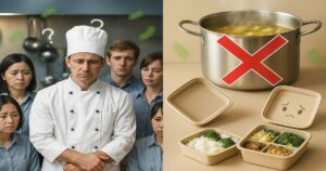 厨房で不安げな表情を見せる調理スタッフと、危険サインが付いた鍋と弁当容器が並ぶ写真。食品衛生トラブルや食中毒リスクを警告するシーン。