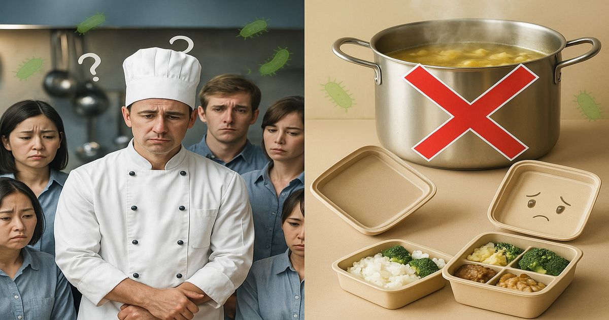 東京都高校修学旅行で食中毒 沖縄で170人が体調不良に 厨房で不安げな表情を見せる調理スタッフと、危険サインが付いた鍋と弁当容器が並ぶ写真。食品衛生トラブルや食中毒リスクを警告するシーン。