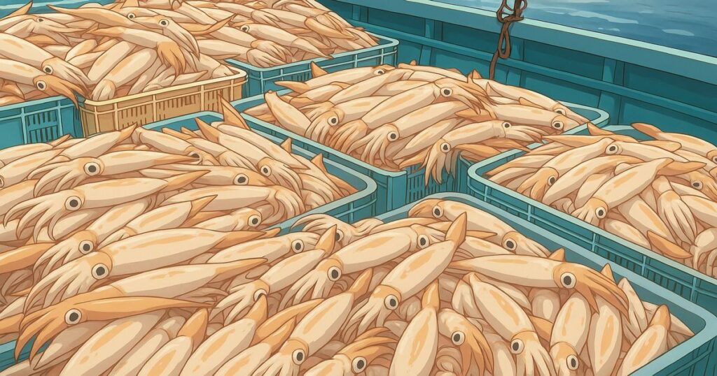 スルメイカ漁の停止命令をイメージしたアニメ風イラスト。漁船の上に大量のスルメイカが積まれている様子