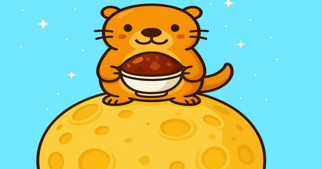 かわいいカワウソがチーズブレッドの惑星の上でハヤシライスを持っているイラスト