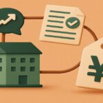 家賃交渉をイメージした3D風イラスト：建物・価格タグ・チェック付き書類・吹き出し