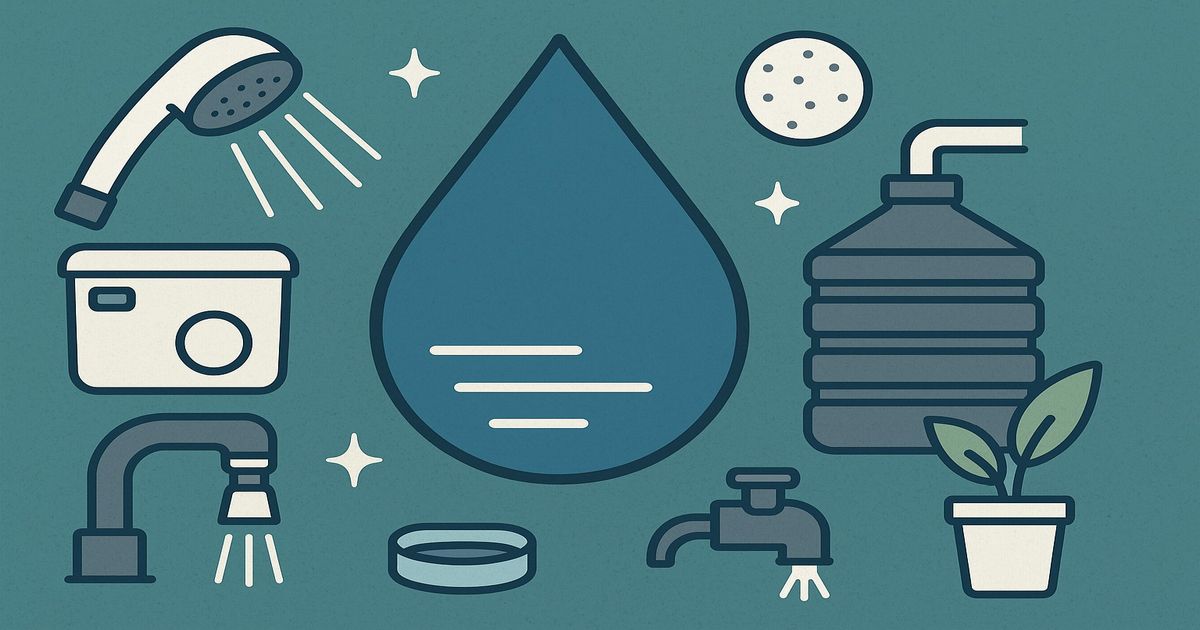 節水グッズと節水習慣をイメージしたアイコンイラスト