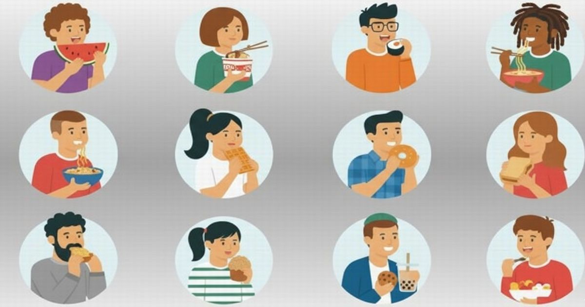 カンピロバクター感染は鶏肉の加熱不足が原因?発症メカニズムを解説 多様な人々がスイカ、ラーメン、寿司、サンドイッチ、タピオカなどを食べているイラスト