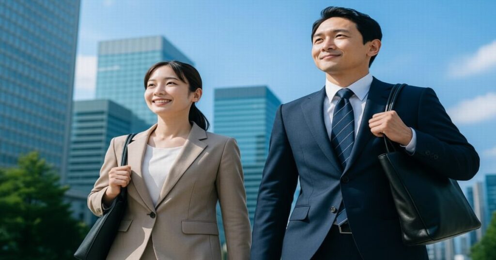 オフィス街を笑顔で歩くスーツ姿の男女ビジネスパーソン