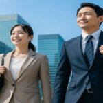 オフィス街を笑顔で歩くスーツ姿の男女ビジネスパーソン