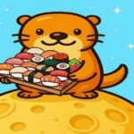 かわうそがチーズパンの上で寿司を持っているイラスト