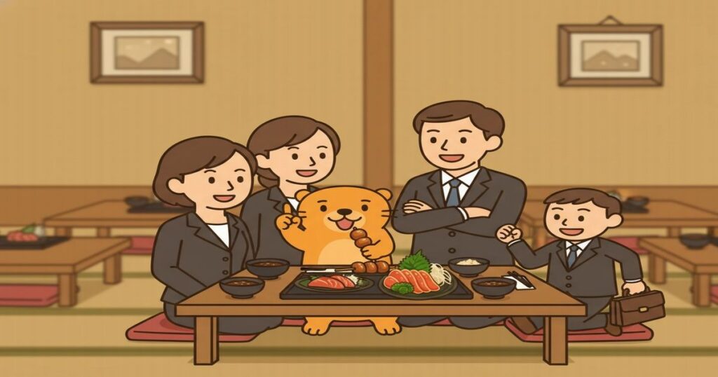 スーツ姿の家族とカワウソが和食を囲んで楽しく食事をしているイラスト