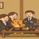 スーツ姿の家族とカワウソが和食を囲んで楽しく食事をしているイラスト