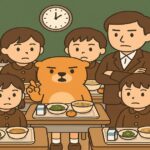 教室で小学生と先生に囲まれ、給食のトレーを前にカワウソが説明しているイラスト。6人の児童が給食を前に座り、中央のカワウソが指を立てて話している様子。