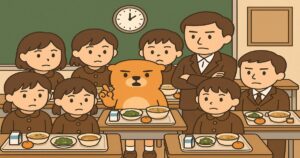 教室で小学生と先生に囲まれ、給食のトレーを前にカワウソが説明しているイラスト。6人の児童が給食を前に座り、中央のカワウソが指を立てて話している様子。