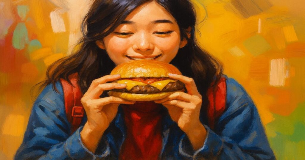 チーズバーガーを手に持って笑顔で見つめる女性のイラスト