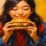 チーズバーガーを手に持って笑顔で見つめる女性のイラスト