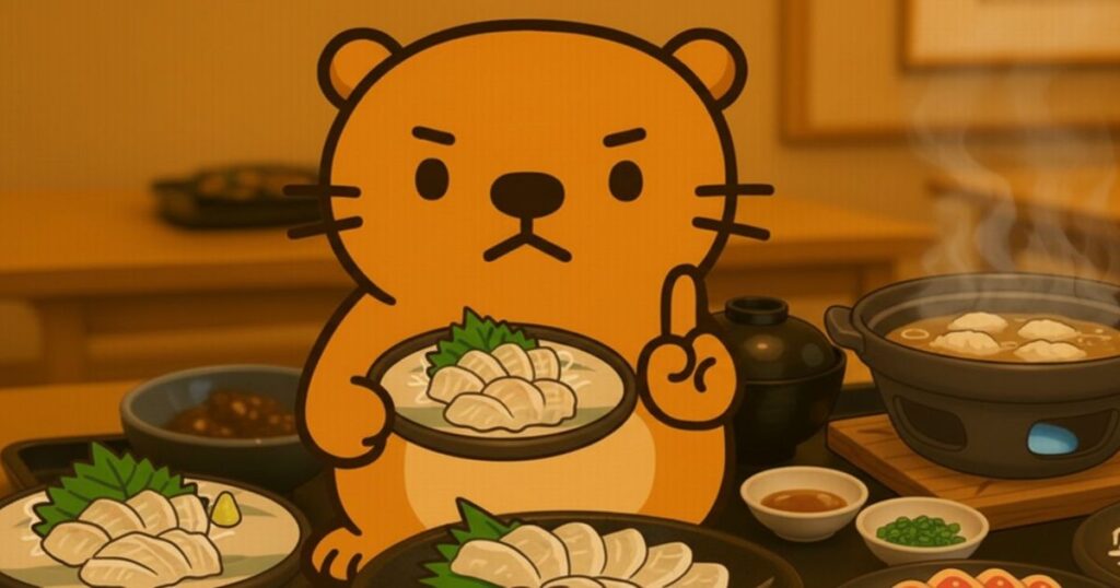 ふぐ刺し料理を前に注意を促すカワウソのキャラクター