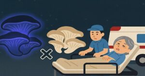 ツキヨタケをヒラタケと誤認して食中毒、救急搬送される高齢女性と救急隊員のイラスト