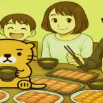 家族団らんの食卓で、カワウソのキャラクターがみそ汁を持ちながら鶏のたたきを囲む様子