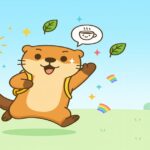 元気に走るカワウソのキャラクターが朝の空の下で楽しそうにジャンプしているイラスト