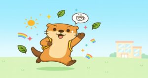 元気に走るカワウソのキャラクターが朝の空の下で楽しそうにジャンプしているイラスト