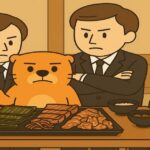 真面目な表情のカワウソがスーツ姿の同僚たちと乾物屋の倒産について話し合うイラスト。料理が並ぶテーブルを囲む会議風シーン。