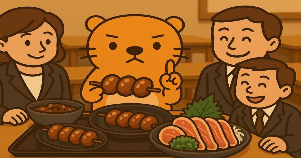 スーツ姿の大人たちに囲まれながら、カワウソが和食テーブルで食の安全を指導しているイラスト