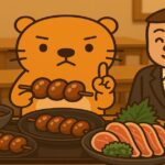 スーツ姿の大人たちに囲まれながら、カワウソが和食テーブルで食の安全を指導しているイラスト