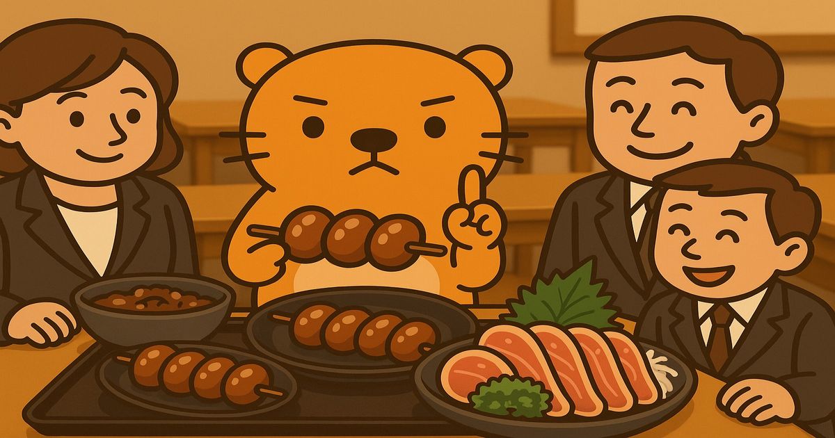 スーツ姿の大人たちに囲まれながら、カワウソが和食テーブルで食の安全を指導しているイラスト