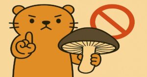カワウソのキャラクターがツキヨタケを持ち、食べないよう注意喚起するイラスト