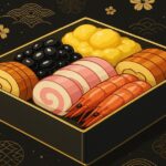 500円おためしおせちのイメージ。黒と金のお重に伊達巻や黒豆、エビなどが並ぶ高級感ある正月料理。久松のワンコインおせち販売を想起させるアニメ風デザイン