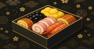 500円おためしおせちのイメージ。黒と金のお重に伊達巻や黒豆、エビなどが並ぶ高級感ある正月料理。久松のワンコインおせち販売を想起させるアニメ風デザイン