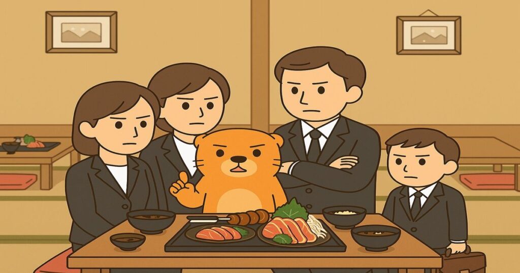 真剣な表情でカワウソの解説を聞く家族のイラスト。和室の食事処で全員が姿勢を正し、カワウソが食の安全を説明している様子。
