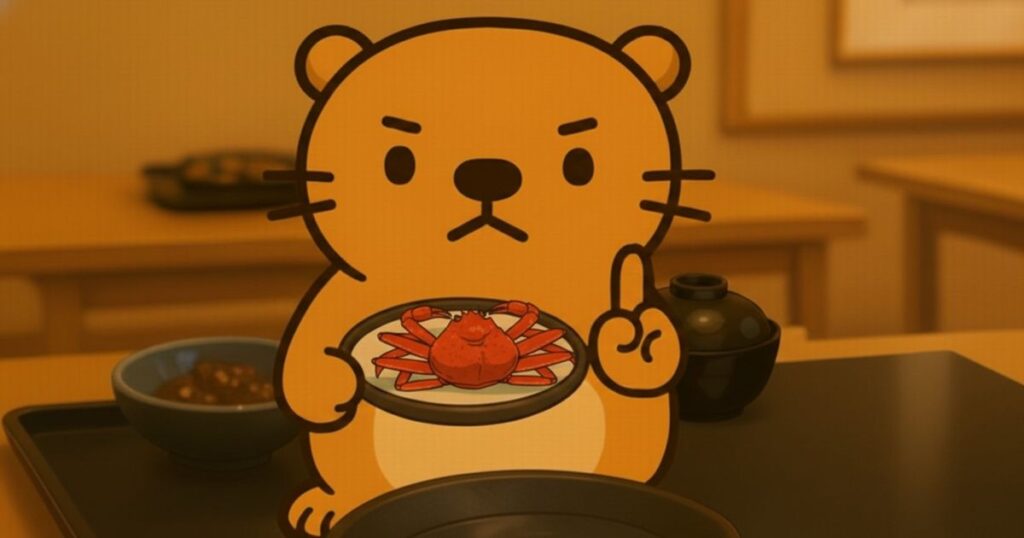 カニ料理を手に警戒の表情を見せるカワウソのキャラクター